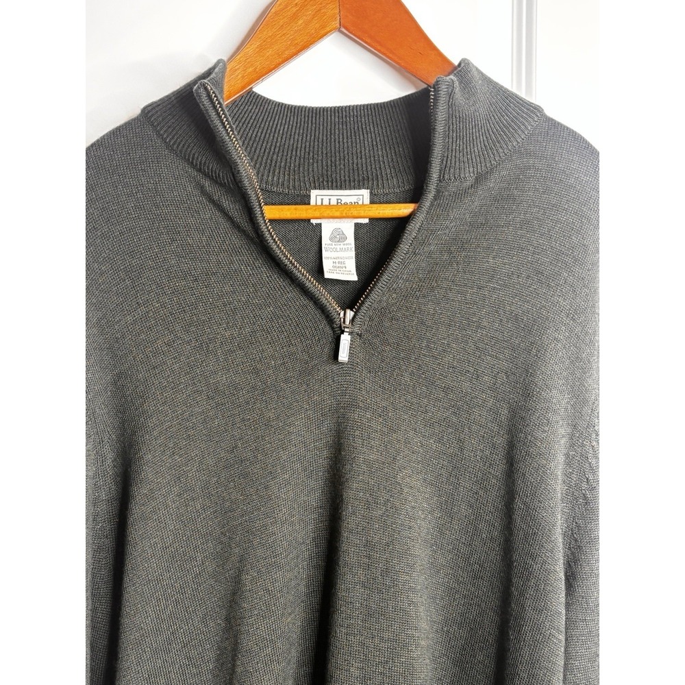 VTG LL Bean Sweater Mens Medium‎ Green 1/4 Zip 100% Merino Wool Long Sleeve